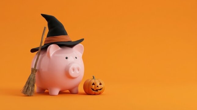 Pink piggy bank wearing a witch's hat with a broom and a carved pumpkin on an orange background, Halloween savings concept, concept of Halloween savings and financial planning