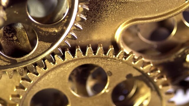 Closeup of intricate brass clockwork gears and mechanical watch movement components
