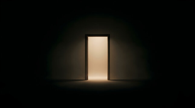 Bright light glowing through an open doorway in a dark room with copy space