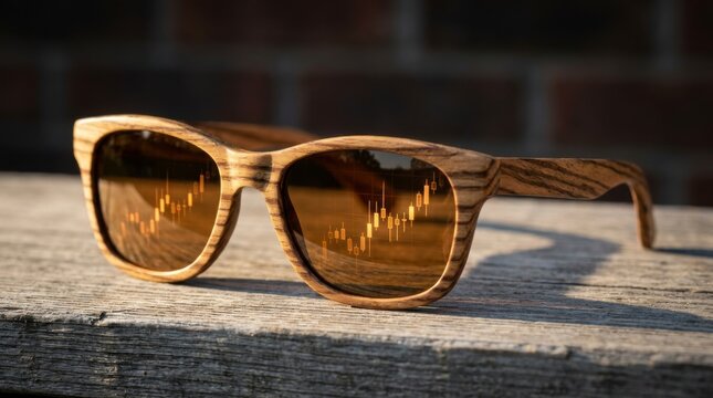 Wooden sunglasses with reflective brown lenses showing a stock market chart, resting on a weathered wooden surface with a brick wall background, concept of financial insight
