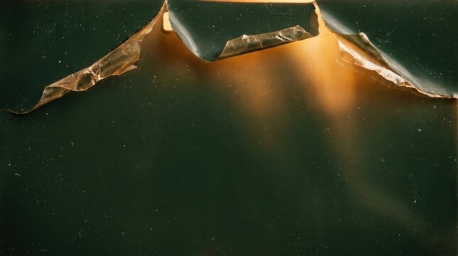 Green textured film peeling back revealing warm amber light