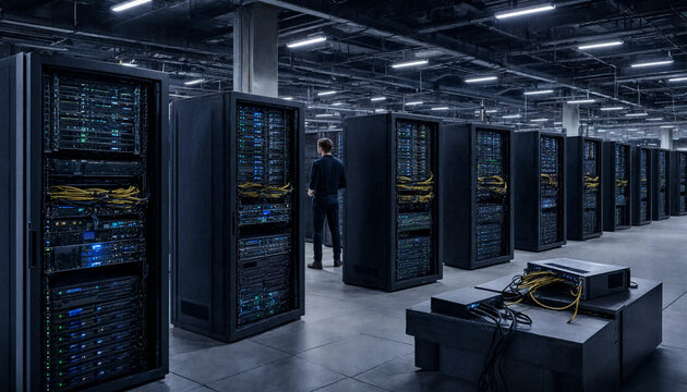 It professional monitoring rows of server racks inside a professional data center facility with it infrastructure network administrator server room cloud computing digital storage data hub