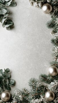 Frosted christmas border with ornaments and copy space