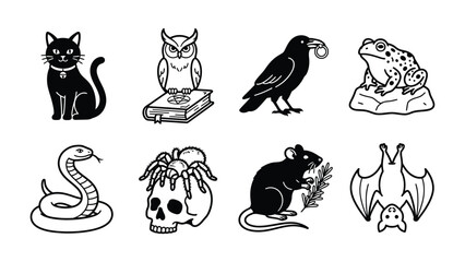 Fototapeta premium Occult Icons Collection: A striking set of graphic icons featuring a black cat, owl on a book, crow with a ring, frog, snake, spider on a skull, rat, and a bat.