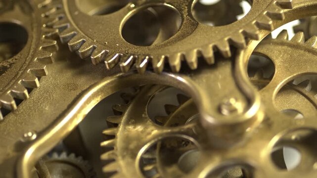 Closeup of intricate brass clockwork gears and mechanical watch movement components