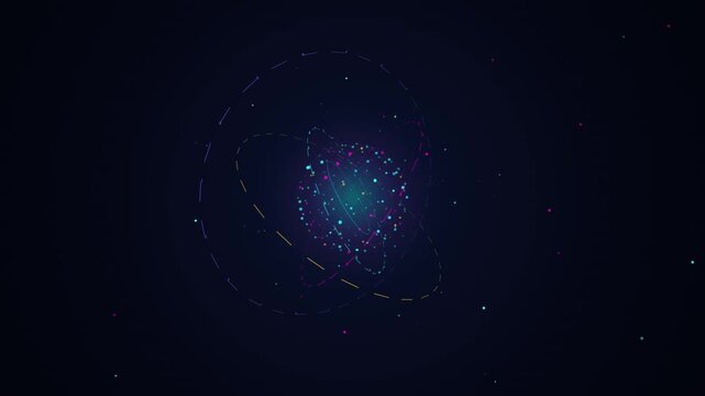 Abstract digital atom model with glowing particles and orbital rings on a dark background