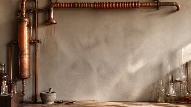 Mystical ancient laboratory interior featuring steampunk copper apparatus and chemical tools