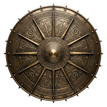 Ancient ornate bronze round shield with intricate floral engravings isolated on transparent background