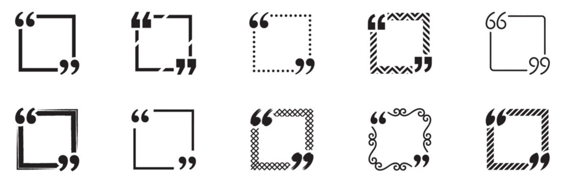 Quote box icon set. Text frame symbol. Speech bubble border mark. Citation box sign. Quote mark frame. Vector illustration. Vector Graphic. EPS 10