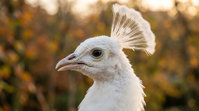 Close up profile portrait of a beautiful white peacock head with a soft natural forest background