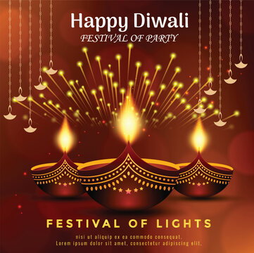 Happy Diwali festival of Lights greeting card design, trand clay diya lamps, festive celebrate background. Hindu traditional greetings template