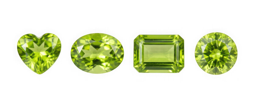 Four different cut peridot gemstones isolated on transparent background