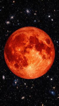 A vibrant blood moon glowing against the dark starry night sky.