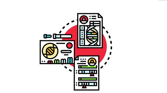 Medical specimen diagnostic review process presenting scientific research, analyzing genetic biology, and compiling patient health information with test reports