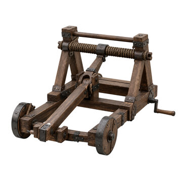 Medieval wooden ballista siege engine with iron reinforcements isolated on transparent background PNG element