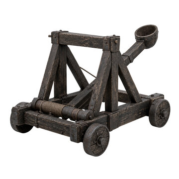 Old wooden medieval catapult siege engine with weathered timber and iron wheels isolated on transparent background PNG element