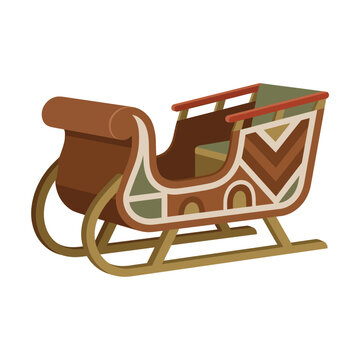 Christmas Day, Vintage Christmas sleigh vector illustration, rustic wooden Santa sled with geometric patterns, traditional winter holiday carriage isolated on White Background