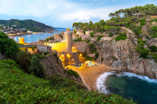 view on old town of Tossa de Mar at evening on Costa Brava in Spain