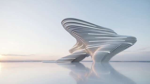 3d render of a futuristic architectural building with curved design in a modern cityscape with natural lighting
