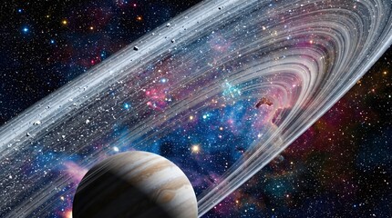 Fototapeta premium Planet with spectacular planetary rings floats majestically amidst a colorful nebula and a dense field of stars in deep outer space.