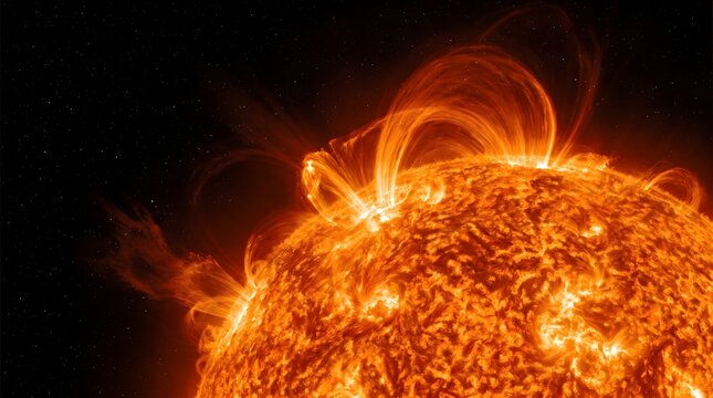 Sun with massive solar flares and magnetic loops erupts with intense heat and light in deep space.