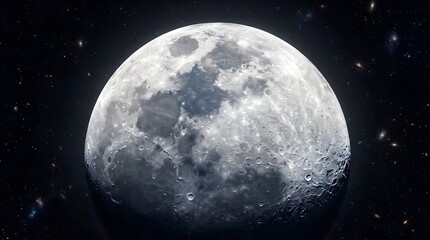 Obraz premium Moon with detailed surface craters shines brightly against a dark background filled with distant stars and galaxies.
