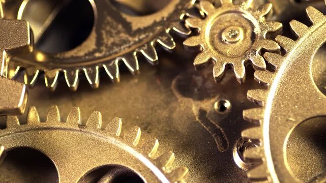 Closeup of intricate brass clockwork gears and cogs mechanism, showcasing mechanical precision and vintage engineering in a detailed macro view of a timepiece