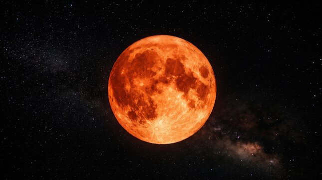 A vibrant blood moon glowing against the dark starry night sky.