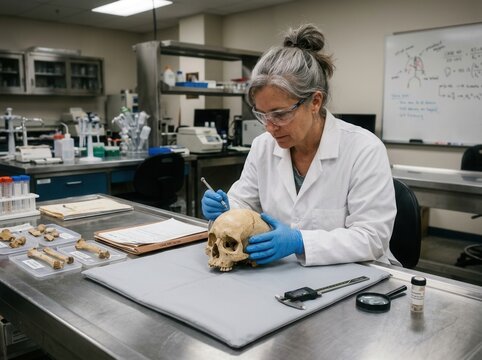 Forensic Anthropologist Examines Skull In Modern Laboratory