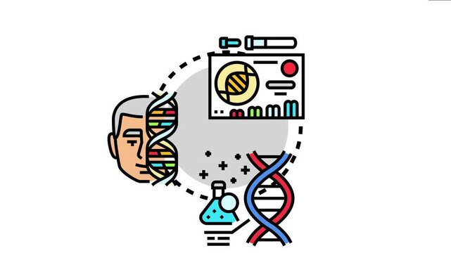 Scientific showing a cycle of medical research and diagnostics, involving human genetics, laboratory experiments, and data analysis for drug development and healthcare advancements