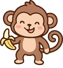 Obraz premium Cute Smiling Baby Monkey Holding Banana Flat Vector Illustration