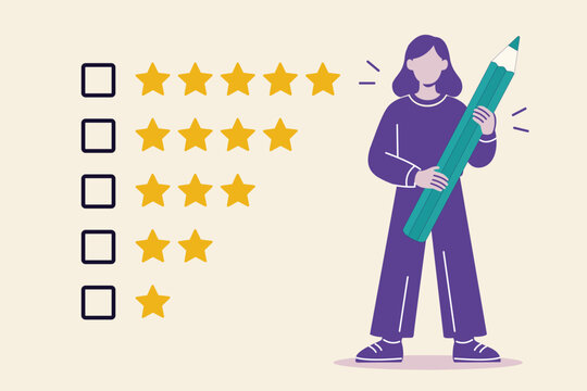 Woman holding big green pencil review rating stars