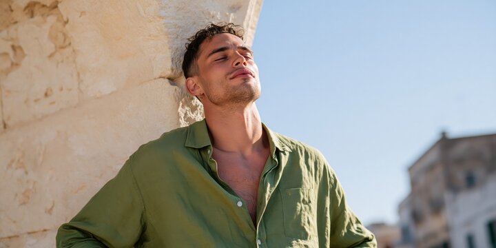 Relaxed male portrait in green linen shirt leaning on sunlit stone wall at golden hour for lifestyle portrait background with warm mediterranean tones