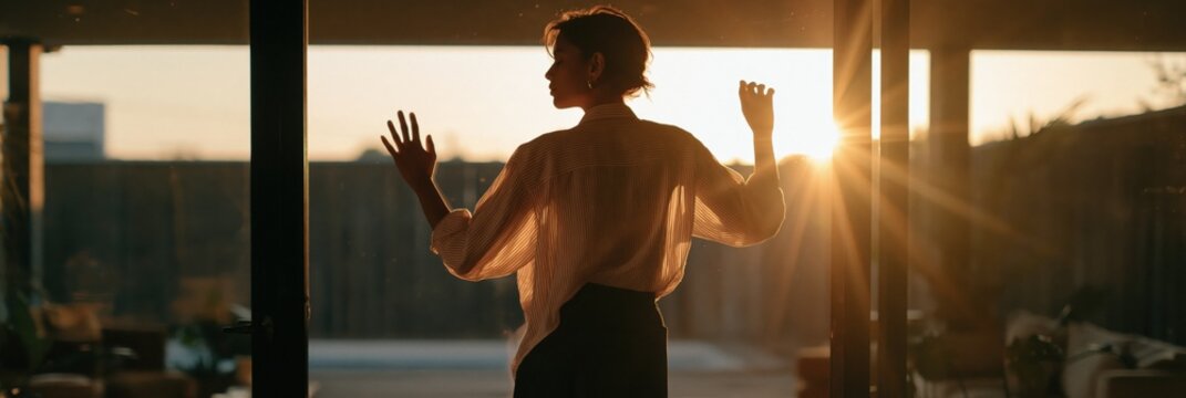 Silhouetted woman sunset by sliding glass doors warm golden sunlight interior scene for lifestyle