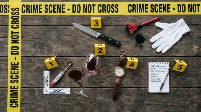 Forensic Evidence Collection Kit On Wooden Background