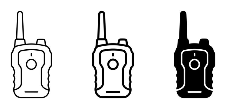 3 Walkie-talkie icons, radio communication devices, portable transceivers, outline solid styles, UI and web interface design