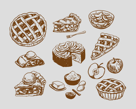 Apple pie, strudel, pastries, dessert, set of monochrome sketch illustrations, hand-drawn