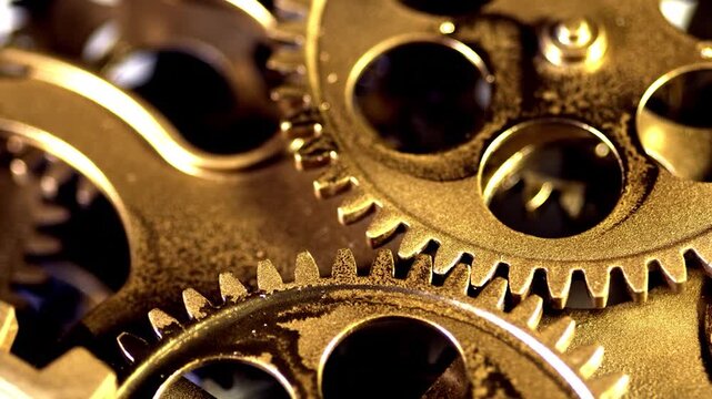Closeup of intricate golden clockwork gears and cogs mechanism, showcasing mechanical precision and engineering detail in a vintage timepiece movement