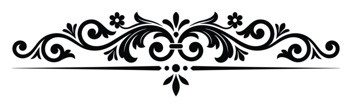 Elegant black floral flourish divider with central flower and symmetrical leaf scrolls art.
