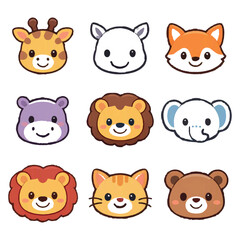 Fototapeta premium Art & Illustration Baby Animal Face Icon Set - Cute Cartoon Vector Bundle for Children's Design