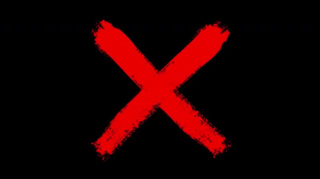 Hand-drawn red x mark animation, grunge brush stroke cross symbol for rejection or error concept