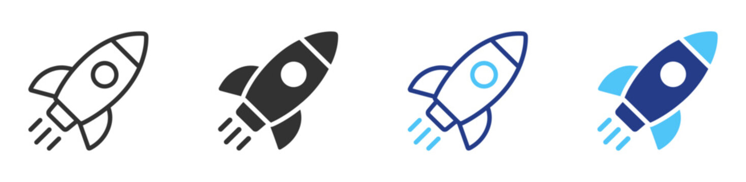 Rocket icon set, outline and solid space launch pictograms on transparent background