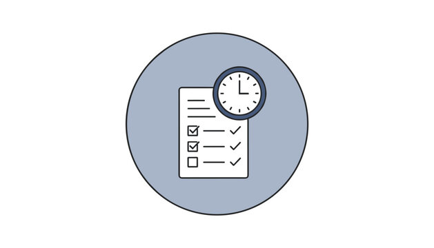 Planning and time management concept showing a to do checklist with checkmarks and a clock on a blue circle background.
