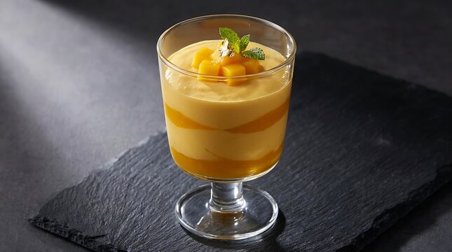 Fresh mango mousse dessert in a glass cup served on a dark stone board for a delicious treat. Mango mousse