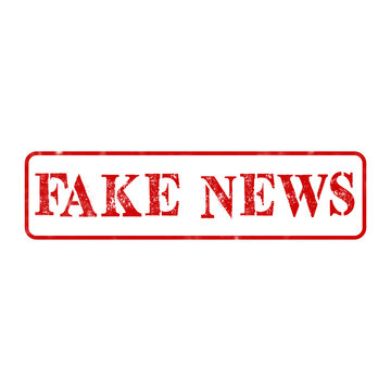 Red rubber stamp impression with the text fake news showing a grunge texture and a rectangular border design
