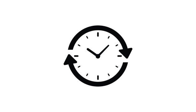 Circular time cycle icon featuring a classic clock face enclosed by rotating arrows on a plain white background.