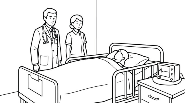 Intensive inpatient care contour drawing featuring a doctor and nurse observing a bedridden patient beside a vital signs monitor, vector asset