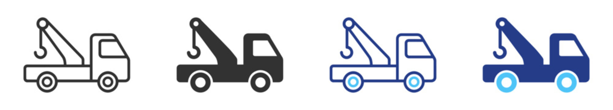 Tow truck icon set, outline and solid towing vehicle pictograms on transparent background