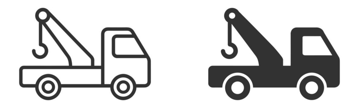 Tow truck icons, outline and filled roadside recovery vehicle symbols on transparent background