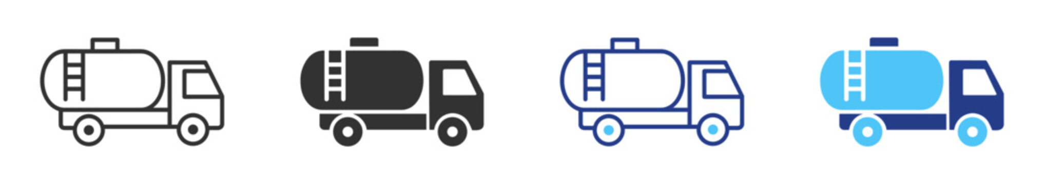 Tanker truck icon set, outline and solid fuel transport vehicle symbols on transparent background